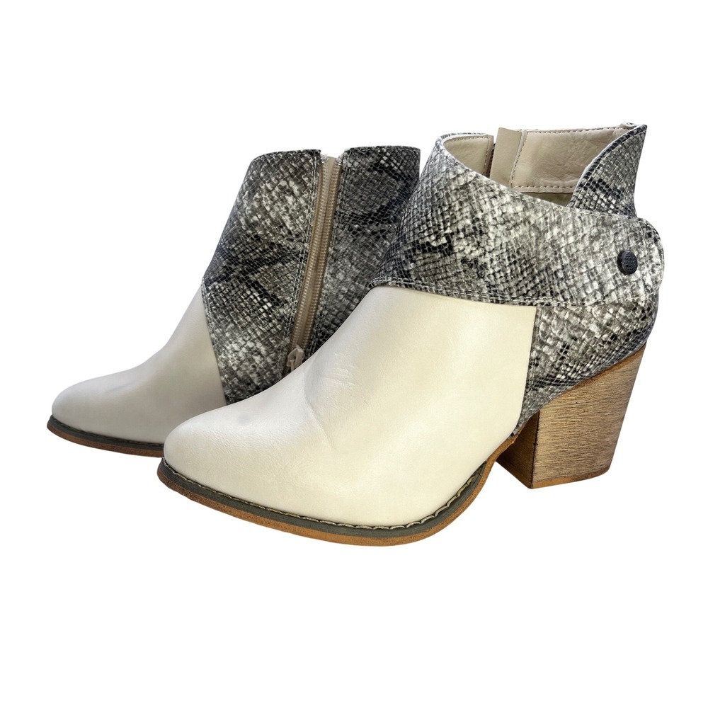 Women's Ankle Boots Snakeskin Button Cut Zip Up Chunky Stacked Mid Heel Size 6